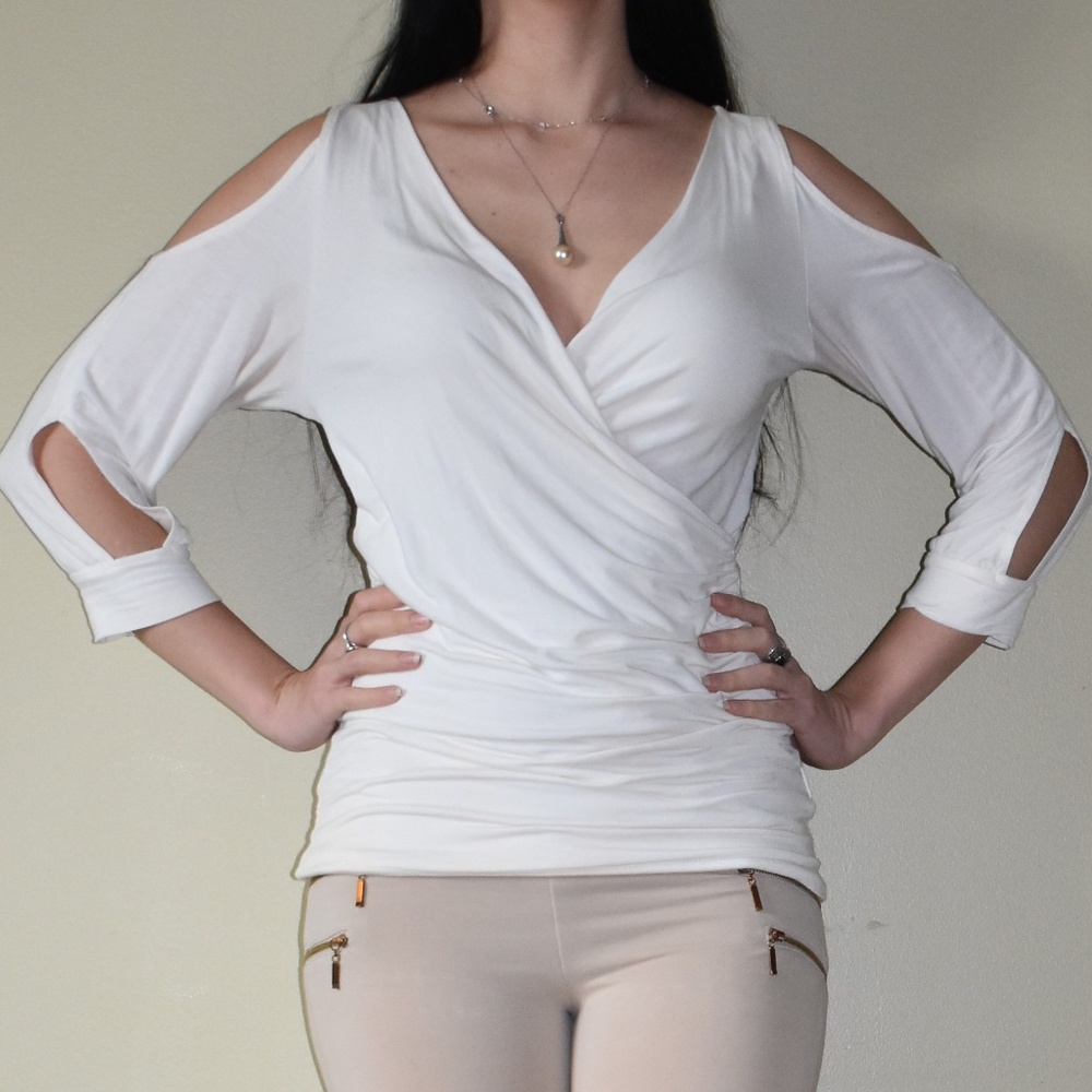 White Cold Shoulders Cut-Out Sleeves Top